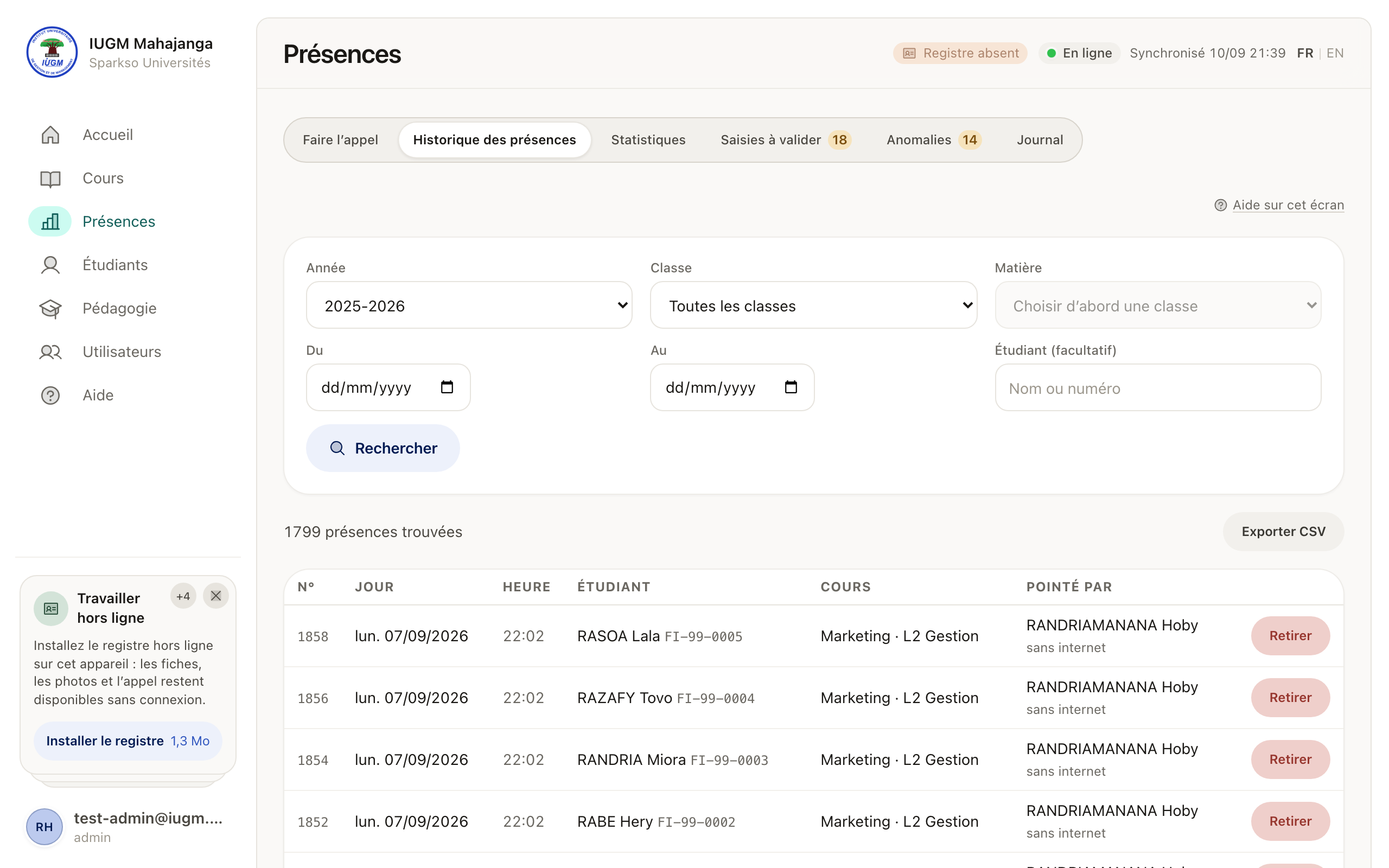 Sparkso Universités, attendance history of a class